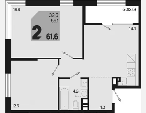 2-комн. квартира, 59.10 м², 9/9 этаж фото 0