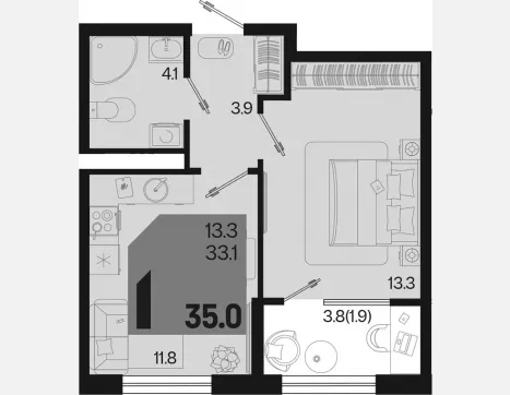 1-комн. квартира, 33.10 м², 4/9 этаж фото 0