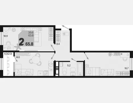 2-комн. квартира, 63.80 м², 8/18 этаж фото 0
