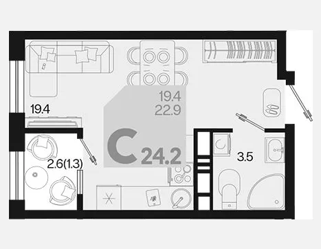 студия, 22.90 м², 12/18 этаж фото 0