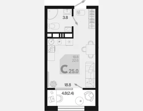 студия, 22.60 м², 8/9 этаж фото 0