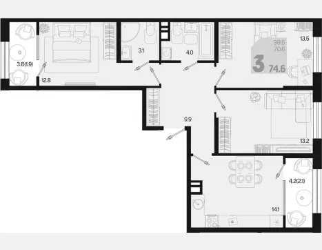 3-комн. квартира, 70.60 м², 7/9 этаж фото 0