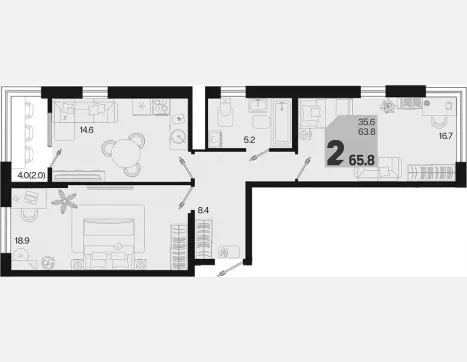 2-комн. квартира, 63.80 м², 15/18 этаж фото 0