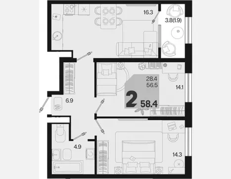 2-комн. квартира, 56.50 м², 16/18 этаж фото 0
