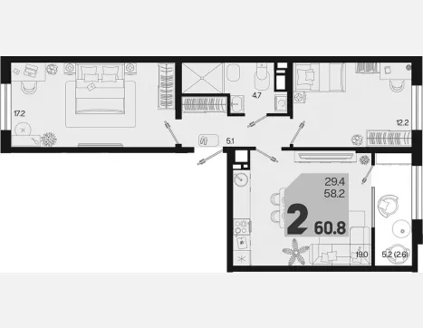 2-комн. квартира, 58.20 м², 14/18 этаж фото 0