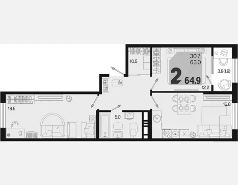 2-комн. квартира, 63 м², 10/18 этаж фото 0