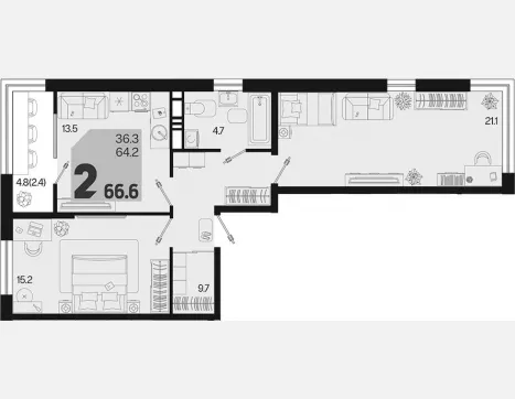 2-комн. квартира, 64.20 м², 9/18 этаж фото 0