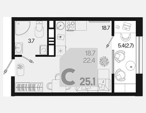 студия, 22.40 м², 16/18 этаж фото 0