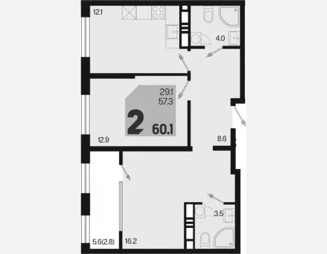 2-комн. квартира, 57.30 м², 18/18 этаж фото 0
