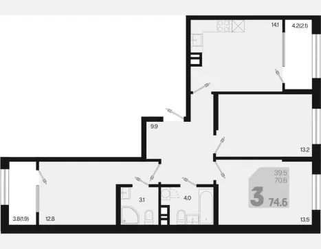 3-комн. квартира, 70.60 м², 5/9 этаж фото 0