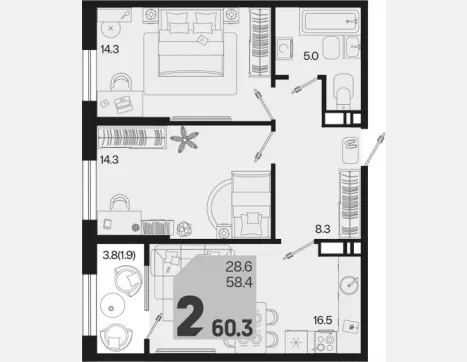 2-комн. квартира, 58.40 м², 5/18 этаж фото 0