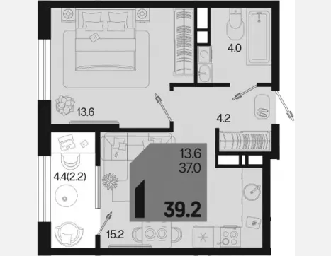 1-комн. квартира, 37 м², 10/18 этаж фото 0
