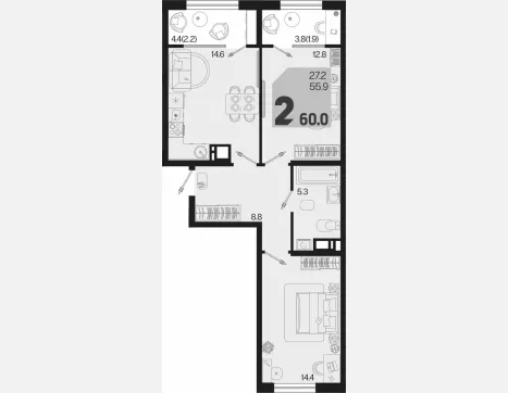 2-комн. квартира, 55.90 м², 8/9 этаж фото 0