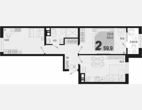 2-комн. квартира, 58 м², 4/9 этаж фото 0