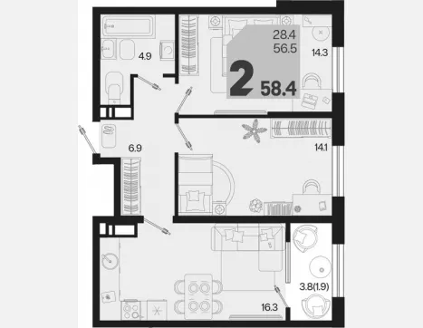 2-комн. квартира, 56.50 м², 18/18 этаж фото 0