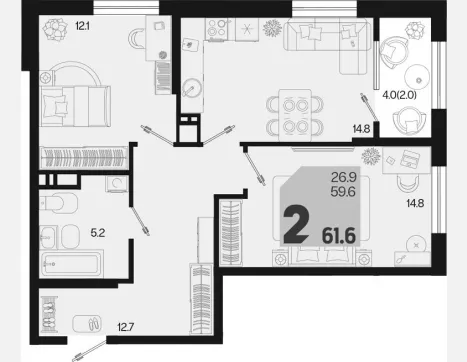 2-комн. квартира, 59.60 м², 4/18 этаж фото 0